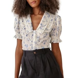 Reformation Hara Top Shirt Blouse in Lula White Blue Floral Print Size Large L